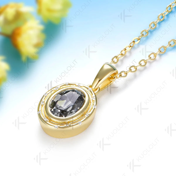 Kuololit 1.5CT OMC Grey Moissanite Necklace for Women Solid 14K 10K Yellow Gold Oval Cut Necklace for Engagement Christmas Gift