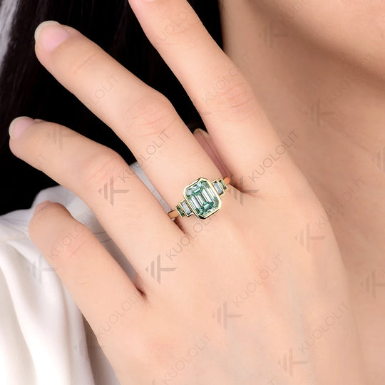 Kuololit 3CT Cyan Moissanite Ring for Women Solid 14K 10K Gold Emerald Cut Ring for Christmas Gifts Party Engagement Wedding