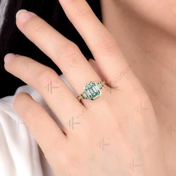 Kuololit 3CT Cyan Moissanite Ring for Women Solid 14K 10K Gold Emerald Cut Ring for Christmas Gifts Party Engagement Wedding