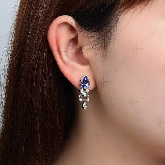 Kuololit 3CTW Lab Grown Blue Sapphire with Moissanite Stud Earrings for Women Solid 14K 10K 585 Gold Pear Earrings for Christmas