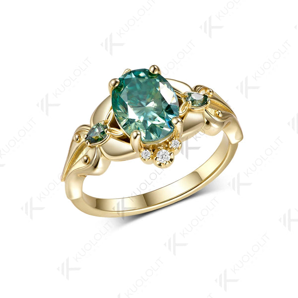 Kuololit 2CT Cyan Oval Moissanite Custom Ring for Women Solid 14K 10K  Yellow Gold Ring for Anniversary Christmas Gift