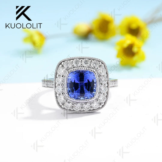 Kuololit 2.5CT Lab Grown Blue Sapphire Ring for Women Solid 18K 14K 10K 585 Yellow Gold Moissanite Ring for Engagement Christmas