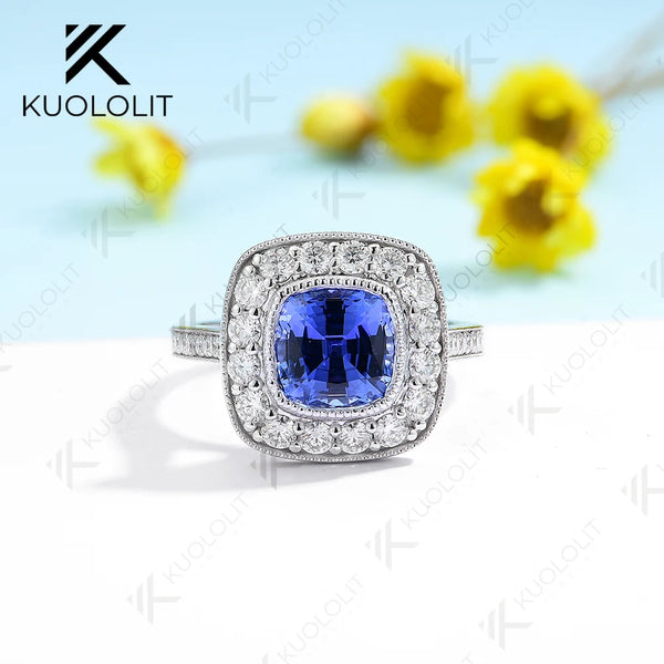 Kuololit 2.5CT Lab Grown Blue Sapphire Ring for Women Solid 18K 14K 10K 585 Yellow Gold Moissanite Ring for Engagement Christmas