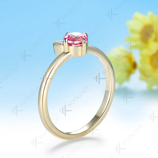 Kuololit 0.5CT Lab Pink Sapphire Diamonds Cat Custom Ring for Women Solid 14K 10K  Yellow Gold Ring for Anniversary Christmas