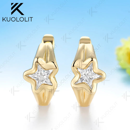 Kuololit 2CTW Unique Cut Star Moissanite Earrings for Women Solid 14K 10K 585 Yellow Gold Clip Star Earring for Christmas Gifts