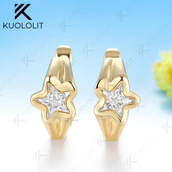 Kuololit 2CTW Unique Cut Star Moissanite Earrings for Women Solid 14K 10K 585 Yellow Gold Clip Star Earring for Christmas Gifts