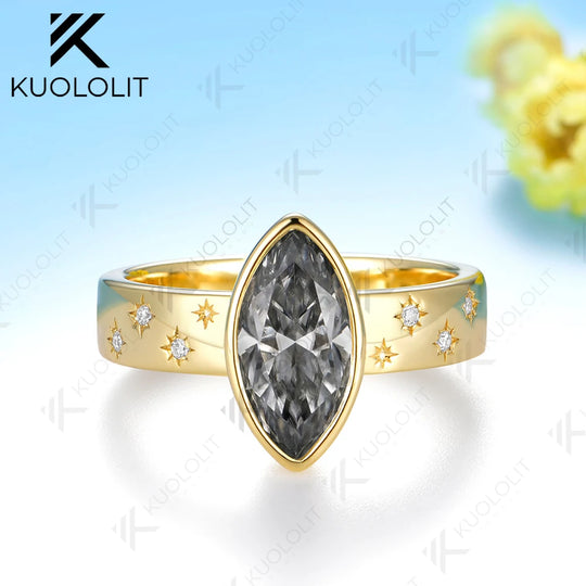 Kuololit 2CT Grey Moissanite Marquise Ring for Women Solid 14K 585 Yellow Gold Engagement Marquise Ring for Christmas Gift Party