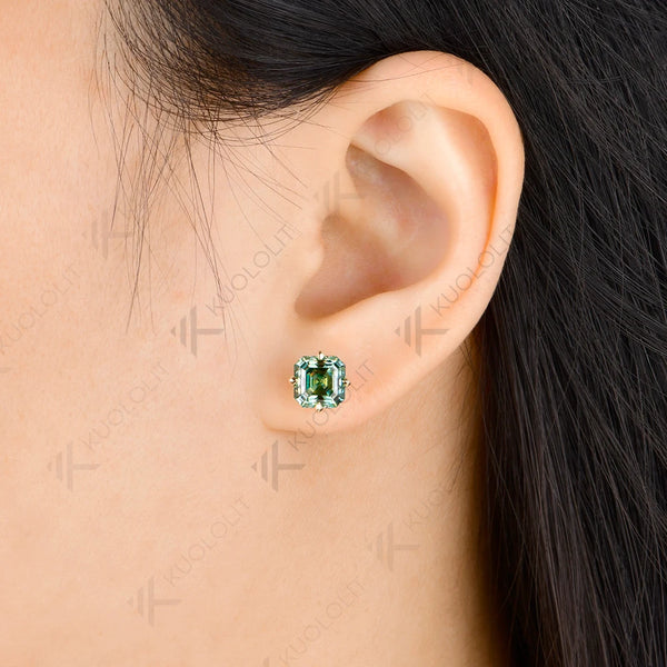 Kuololit 4CTW Asscher Cut Cyan Moissanite Stud Earrings for Women Solid 14K 10K 585 Gold Earrings for Engagement Wedding Christmas