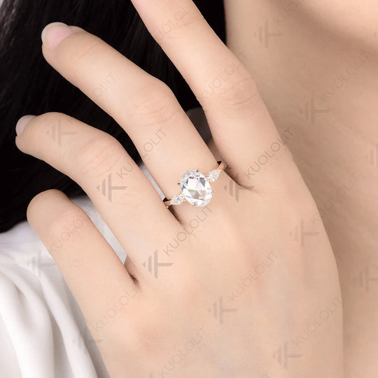 Kuololit 3CT Rose Cut Oval Moissanite Ring for Women Solid 14K 10K 585 Rose Gold Engagement Ring for Christmas Gifts Anniversary