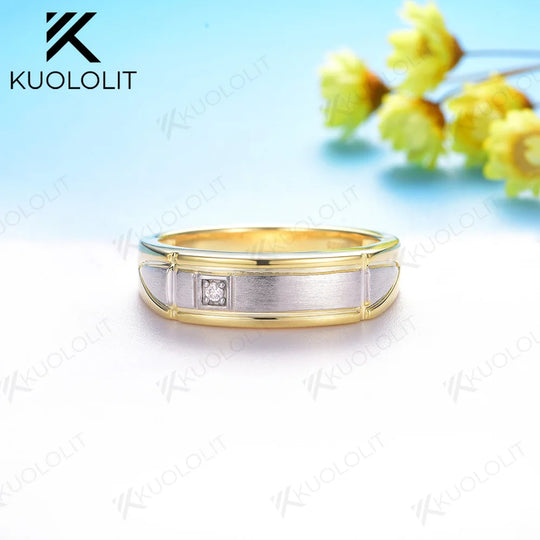 Kuololit Lab Diamond Brushed Band for Men Women Solid  14K10K Two Tone Gold Ring 925 Sliver Round Cut For Wedding Christmas Gift