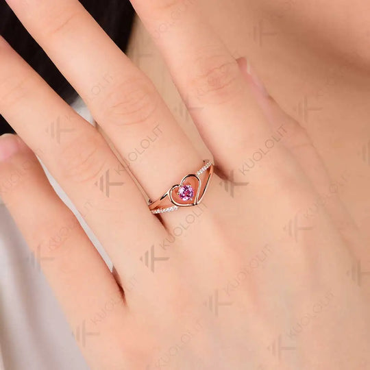 Kuololit Lab Pink Sapphire Diamonds Rings for Women Soild 10K 14K Yellow Gold Diamond Heart Ring  for Engagement Christmas Gifts