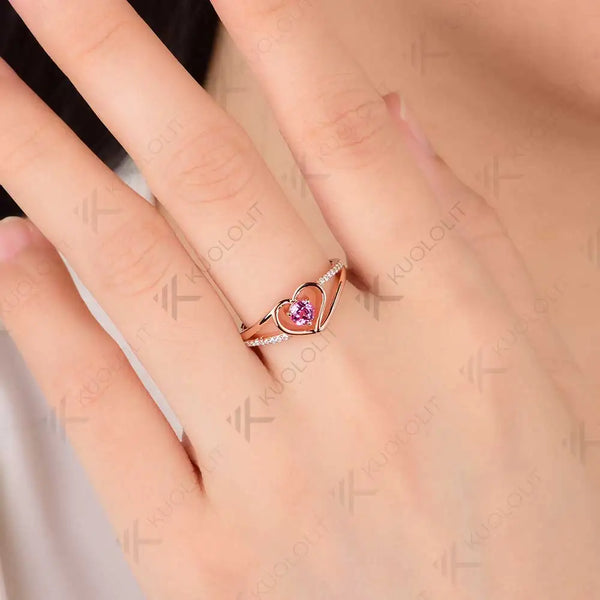 Kuololit Lab Pink Sapphire Diamonds Rings for Women Soild 10K 14K Yellow Gold Diamond Heart Ring  for Engagement Christmas Gifts