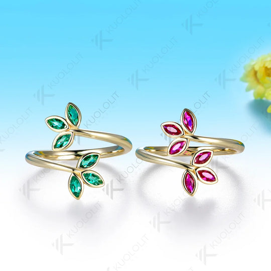 Kuololit Lab Grown Emerald Leaf Custom Ring for Women Solid 14K 10K 585 Yellow Gold Engagement Ring for Christmas Gift Party