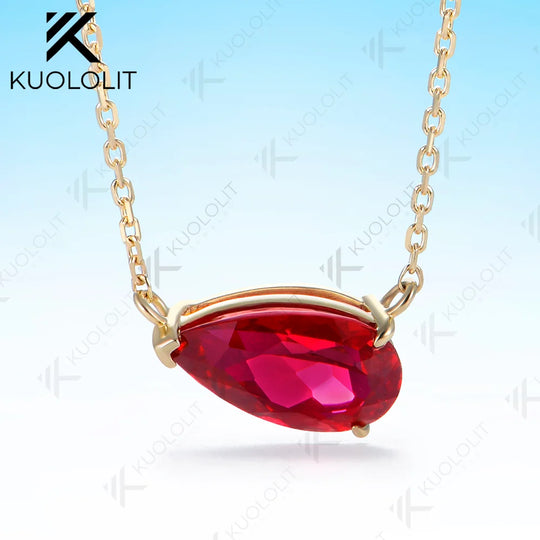 Kuololit 2.5CT Lab Grown Ruby Necklace for Women Solid 585 14K 10K Yellow Gold Pear Cut Custom Necklace for Christmas Gifts