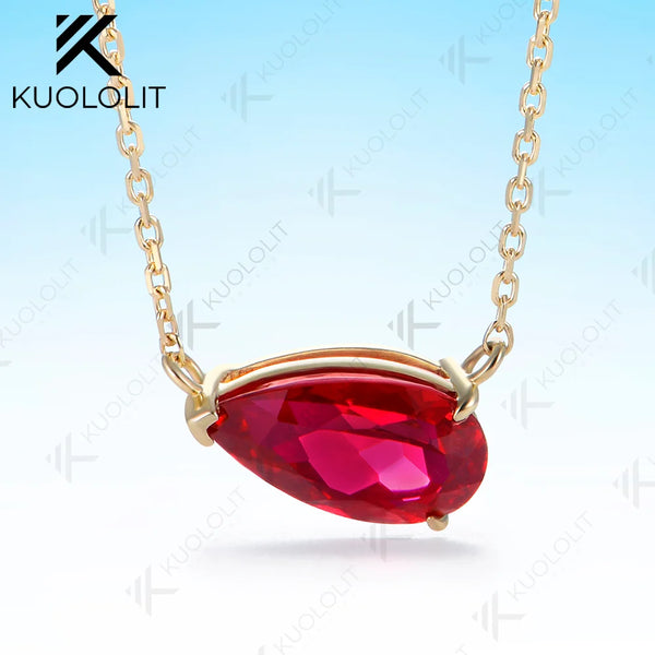 Kuololit 2.5CT Lab Grown Ruby Necklace for Women Solid 585 14K 10K Yellow Gold Pear Cut Custom Necklace for Christmas Gifts