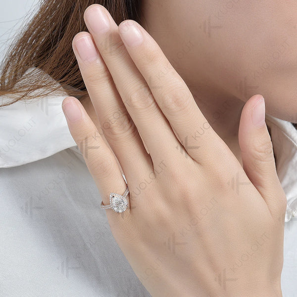 Kuololit 2CT Crushied Ice Cut Pear Moissanite Ring for Women Solid 14K 10K 585 Yellow Gold Halo for Engagement Wedding Christmas