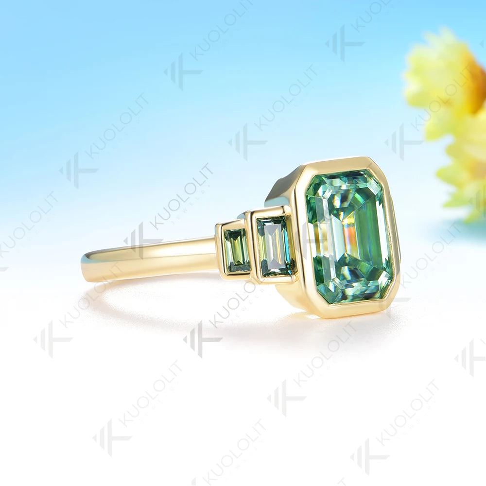 Kuololit 3CT Cyan Moissanite Ring for Women Solid 14K 10K Gold Emerald Cut Ring for Christmas Gifts Party Engagement Wedding