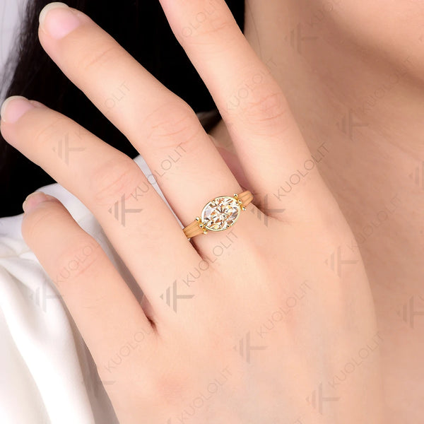 Kuololit 2CT Oval Champagne or D-Color Moissanite Engagement Ring for Women Solid 14K 10K 585 Yellow Gold Oval Cut  Ring for Christmas Gift Party