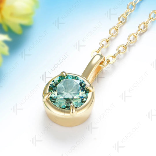 Kuololit 0.8CT Cyan Moissanite Round Necklace for Women Solid 585 14K 10K Yellow Gold Necklace for Engagement Christmas Gifts