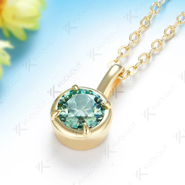 Kuololit 0.8CT Cyan Moissanite Round Necklace for Women Solid 585 14K 10K Yellow Gold Necklace for Engagement Christmas Gifts