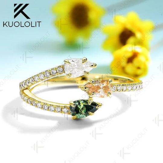 Kuololit 1.1CTW Cyan Champagne Moissanite Ring for Women Solid 18K14K 10K 585 Yellow Gold Pear Cut Engagement Ring for Christmas