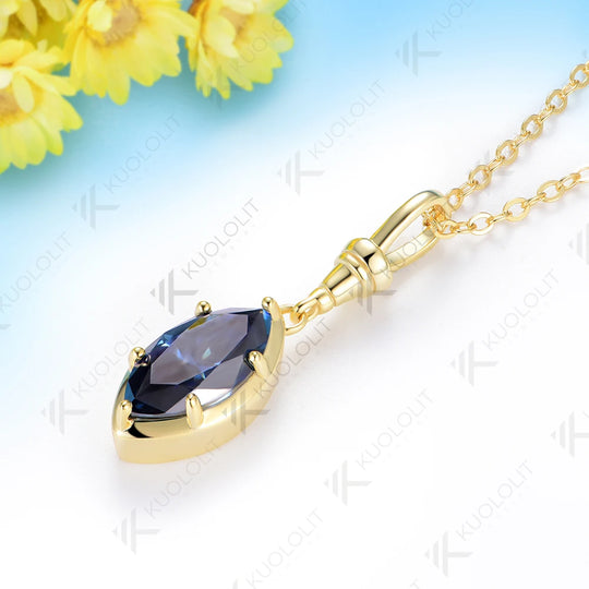 Kuololit 2CT Blue Cyan Moissanite Marquise Necklace for Women 14K 10K 925Sliver Yellow Gold Pendant with Chain for Party Classic Gift
