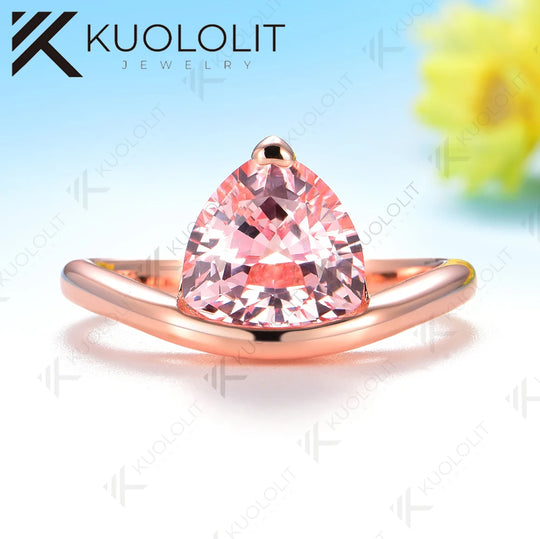 Kuololit 3CT Lab Grown Pink Sapphire Trillyon Cut Ring for Women Solid 14K 10K 585 Rose Gold Engagement Ring for Christmas Gifts