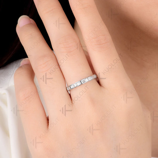 Kuololit 2.4CTW Moissanite Ring for Men Women Soild 14K 10K White Gold Bezel Set Emerald Cut Wedding Band for Christmas Gifts