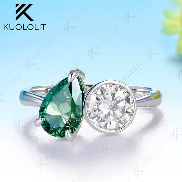 Kuololit 2.5CTW Cyan Pear Round Cut Moissanite Custom Ring for Women Men Solid 14K 10K 925 Silver White Gold for Christmas Gifts