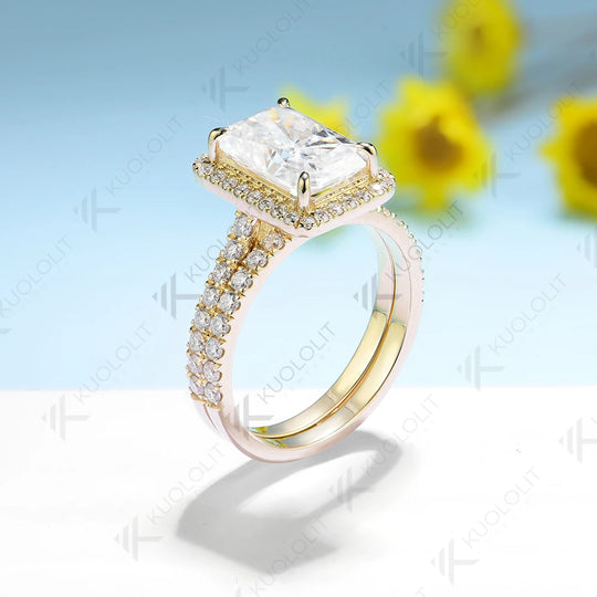 Kuololit 3.5CT Radiant Cut Moissanite Set Ring for Women Solid 18K 14K 10K 585 Yellow Gold Band for Engagement Wedding Christmas