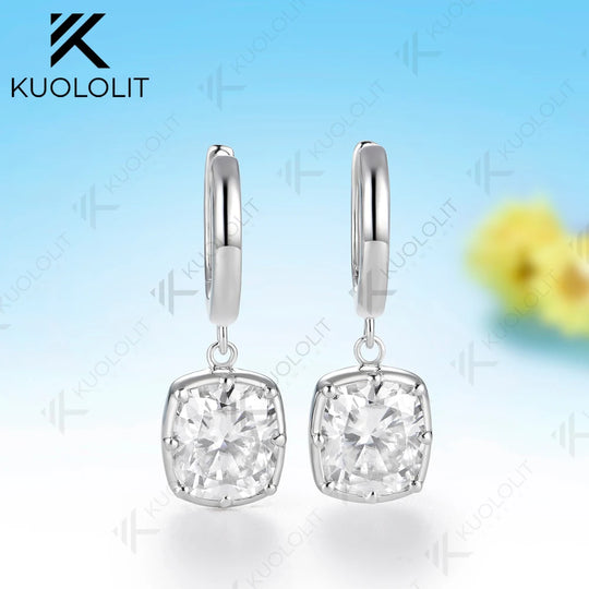 Kuololit 5CTW Cushion Moissanite Earrings for Women Solid 14K 10K 585 Yellow Gold Clip Earring for Christmas Gifts Party