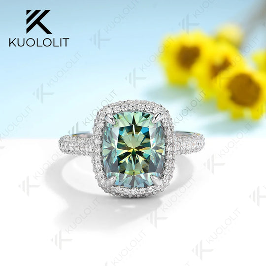 Kuololit 4.5ct Cushion Cyan Moissanite Engagement Ring for Women Solid 18K 14K 10K 585 Gold 3 Links Stone Ring for Christmas