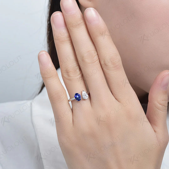Kuololit 2CTW Pear Moissanite Lab Blue Sapphire Rings for Women Solid 18K 14K Yellow Gold Gemstone Ring for Engagement Christmas
