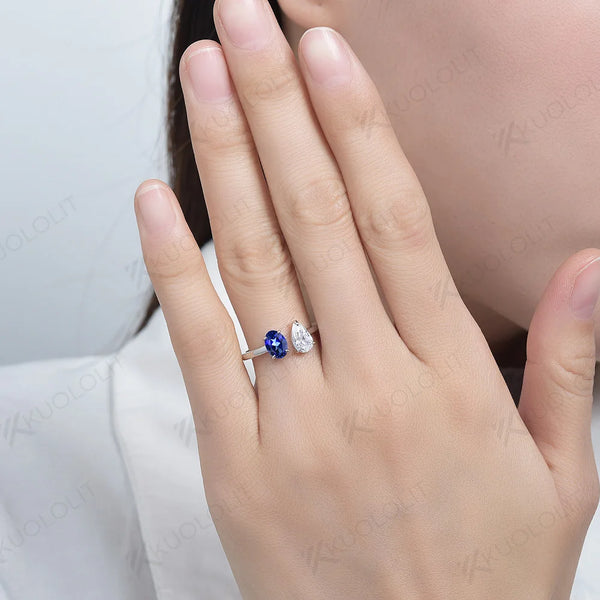 Kuololit 2CTW Pear Moissanite Lab Blue Sapphire Rings for Women Solid 18K 14K Yellow Gold Gemstone Ring for Engagement Christmas