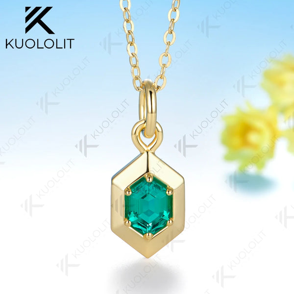 Kuololit 1CT Each Lab Emerald Hexagon Cut Custom Necklace for Women Solid 585 14K 10K Yellow Gold Necklace for Christmas Gift