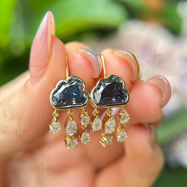 Kuololit 2CT Blue Cloudy Moissanite Clip Earrings for Women Solid 18K 14K 10K Gold Blue Rainny Hoop Earrings for Anniversary