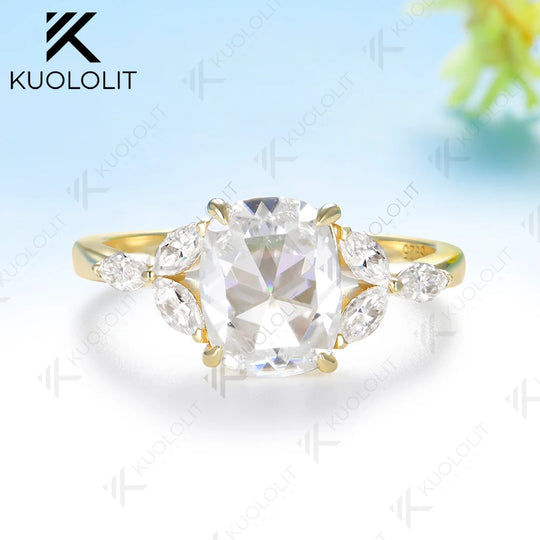 Kuololit 2CT Cushion Rose Cut Moissanite Ring for Women Solid 14K 10K Yellow Gold Engagement Ring for Anniversary Christmas Gift