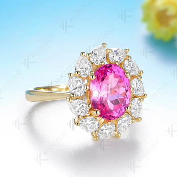 Kuololit 3.5CT Lab Pink Sapphire Pear Moissanite Custom Ring for Women Solid 14K 10K 585 Yellow Gold for Christmas Gifts Party