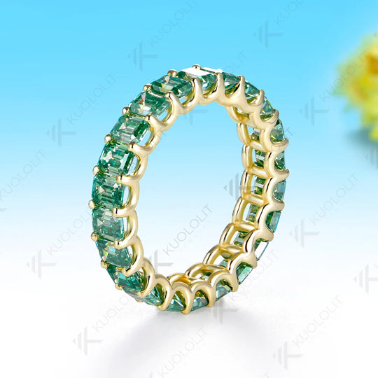 Kuololit 6.6CTW Cyan Moissanite Custom Ring for Women Solid 14K 10K 585 Yellow Gold Full Eternity Wedding Band for Christmas