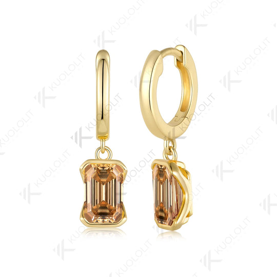 Kuololit 5CTW Champagne Moissanite Clip Earring for Women Solid 14K 10K Yellow Gold Emerald Cut Earring for Christmas Gift Party
