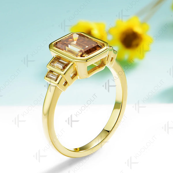 Kuololit 3CT Emerald Champange Moissanite Engagement Ring for Women Solid 14K 10K Gold Emerald Cut Ring for Christmas Gift Party  Wedding