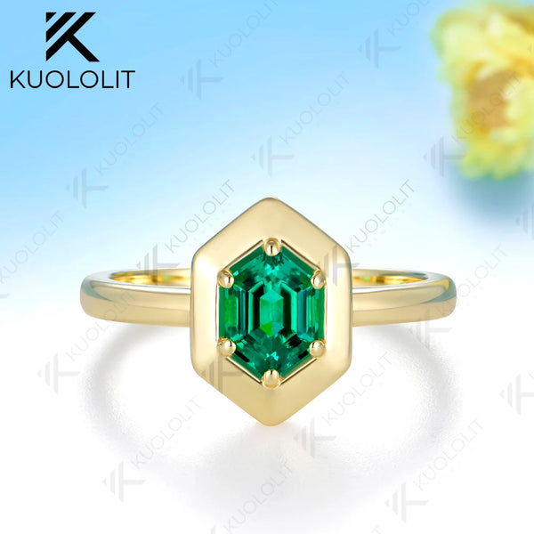 Kuololit 1CT Lab Grown Emerald Hexagon Cut Custom Ring for Women Solid 14K 10K 585 White Gold Ring for Engagement Christmas Gifts
