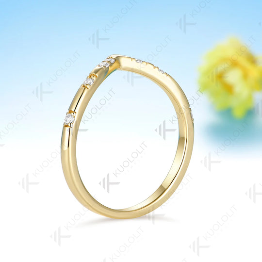 Kuololit  0.11CTW Lab Diamond Wedding V Band for Women Solid 14K 10K Yellow Gold Eternity Band Ring for Engagement Christmas