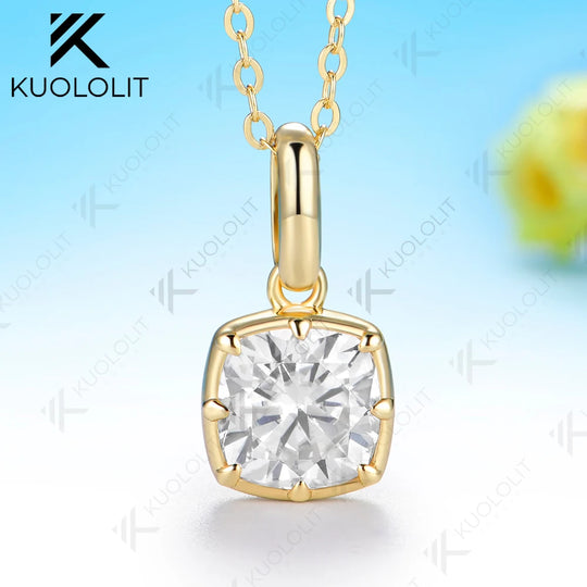 Kuololit 2.5CT Cushion Cut Moissanite Necklace for Women Solid 585 14K 10K Yellow Gold Cushion Necklace for Christmas Gift Party