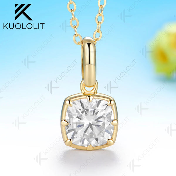 Kuololit 2.5CT Cushion Cut Moissanite Necklace for Women Solid 585 14K 10K Yellow Gold Cushion Necklace for Christmas Gift Party