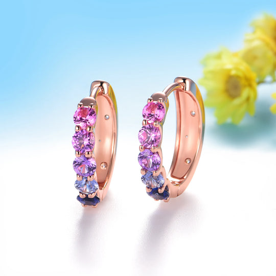 Kuololit 1CTW Rainbow Lab Grown Sapphire Hoop Earrings for Women Solid 18K 14K 10K 585 Rose Gold Clip Earring for Christmas Gift