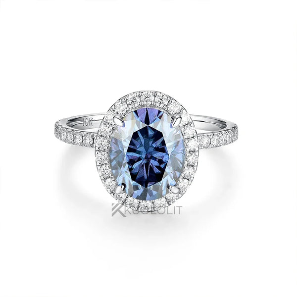 Kuololit 3CT Blue Moissanite Ring for Women Solid 14K 10K Yellow Gold Origanal Blue Color Oval Ring for Engagement Christmas
