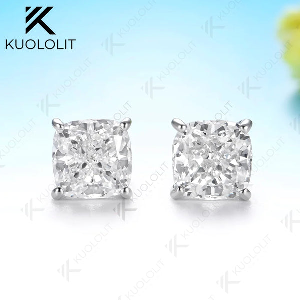 Kuololit 2CTW IGI Lab Diamonds Cushion Custom Stud Earrings for Women Solid 14K 10K 585 Yellow Gold for Christmas Gifts Party