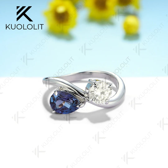 Kuololit 2CTW Lab Grown Alexandrite Moissanite Ring for Women Pure 18K 14K 10K Gold Pear Round Ring for Anniversary Engagement