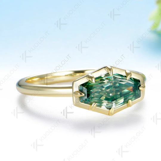 Kuololit 2CT Hexagon Cyan Moissanite Ring for Women Solid 14K 10K 585 Yellow Gold for Engagement Ring for Christmas Gifts Party
